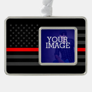 Thin Red Line Grey US Flag Your Image on a Silver Plated Framed Ornament