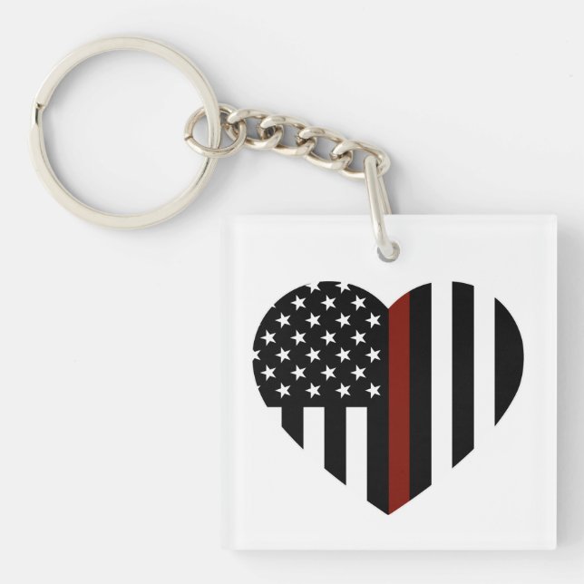 Thin Red Line Heart Shaped American Flag Key Ring (Front)