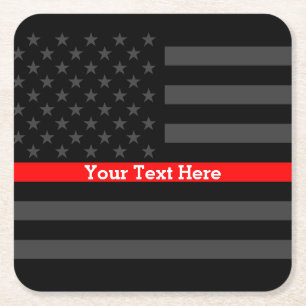 Thin Red Line Personalised Black US Flag Square Paper Coaster