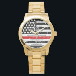 Thin Red Line Personalised Firefighter Retirement  Watch<br><div class="desc">Celebrate and show your appreciation to an outstanding Firefighter with this Thin Red Line Firefighter Retirement Watch - American flag design in Firefighter Flag colours, distressed design . Perfect for service awards, fireman anniversary gifts, and firefighter retirement gifts . Personalise this firefighter retirement watch with name, years of service and...</div>