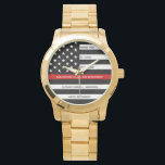 Thin Red Line Personalised Firefighter Retirement Watch<br><div class="desc">Celebrate and show your appreciation to an outstanding Firefighter with this Thin Red Line Retirement or Anniversary Firefighter Watch - American flag design in Firefighter Flag colours in a modern black an red design . Perfect for fire service awards and Firefighter Retirement gifts and fireman retirement. Personalise this firefighters retirement...</div>