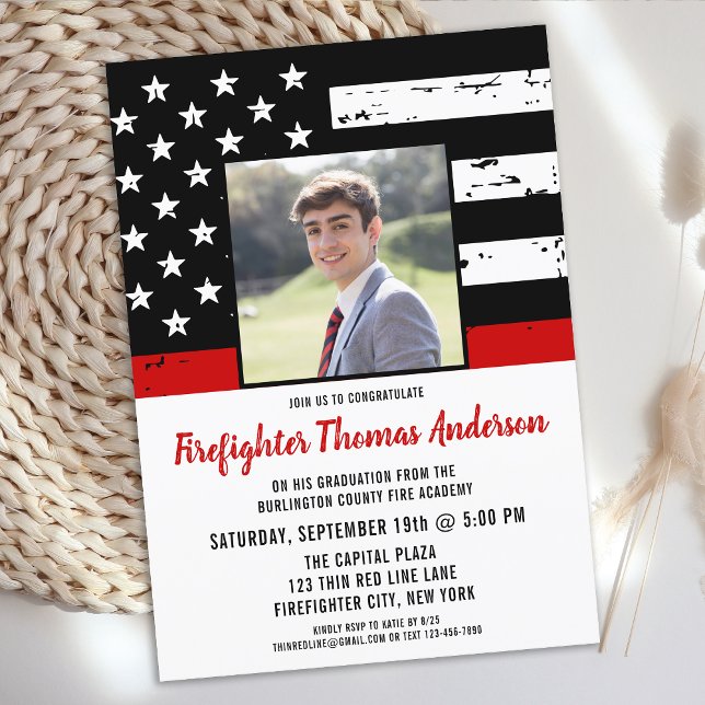 Thin Red Line Photo Firefighter Graduation Party  Invitation (Creator Uploaded)