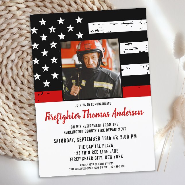 Thin Red Line Photo Firefighter Retirement Party Invitation (Creator Uploaded)