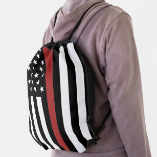 Thin Red Line USA Flag Firefighter Fire Department Drawstring Bag