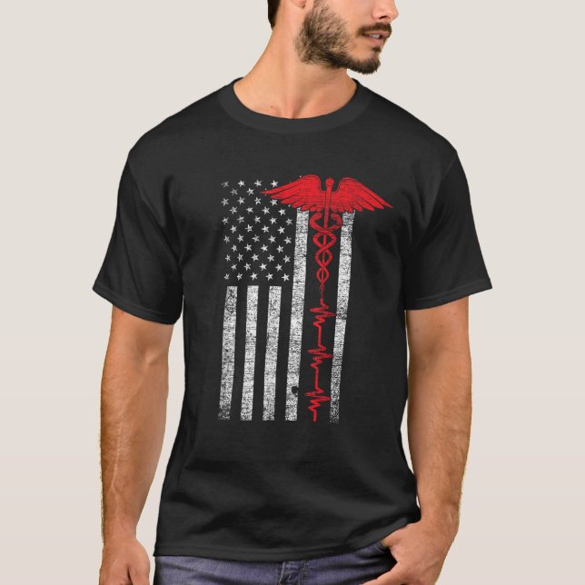 Thin Red Line USA US Flag Heartbeat Pride Nurse T  T-Shirt (Front)