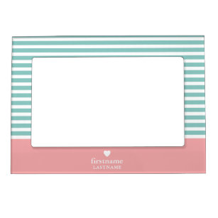Thin Stripes Upscale Heart Monogram - teal coral Magnetic Frame