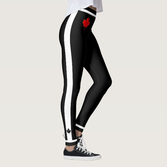 Thin Waistband Canada Maple Leaf on Black & White Leggings (Right)