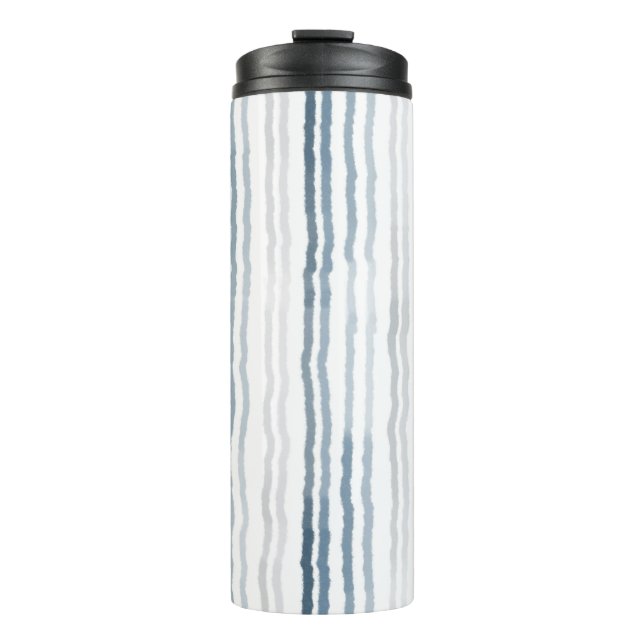 Thin Watercolor Stripes, Slate Blue, Gray, White Thermal Tumbler (Front)