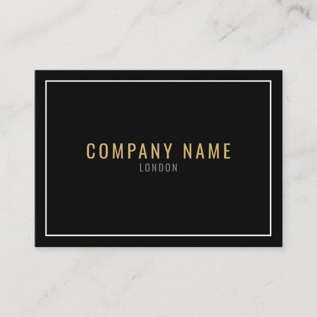 Thin white border, gold text, black business card (Front)
