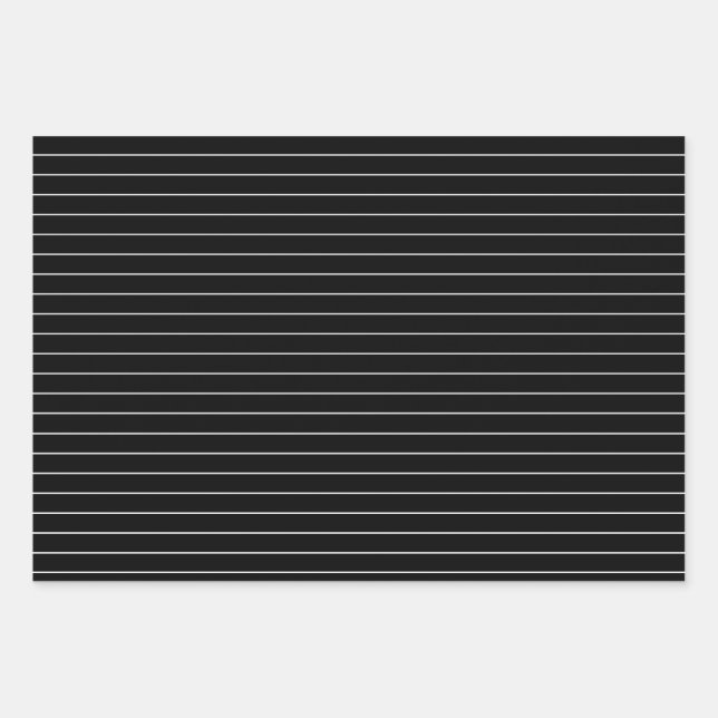 Thin White Stripes on Black Party or Christmas Wrapping Paper Sheet (Front)