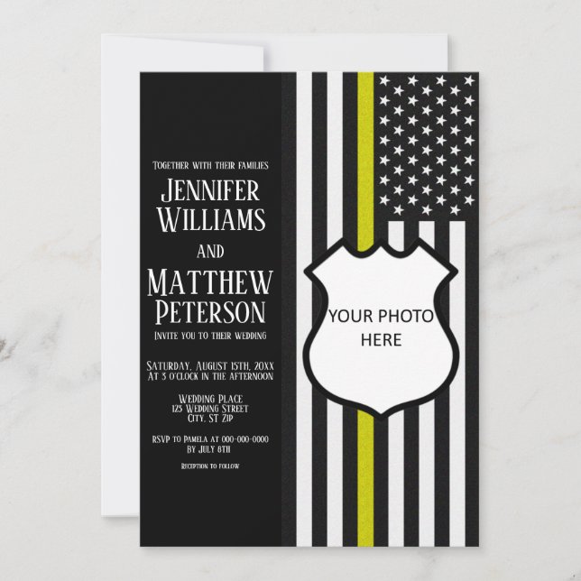 Thin Yellow Line Badge Photo Insert Invitation (Front)