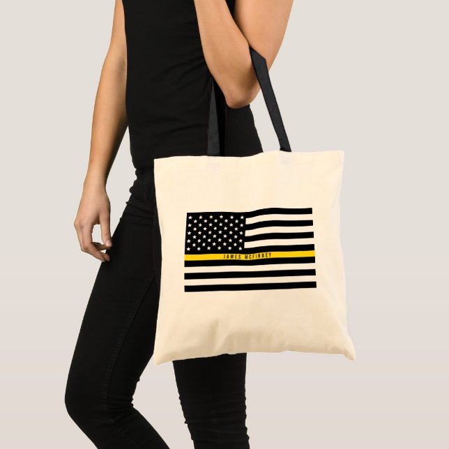 Thin Yellow Line Dispatcher American Flag Monogram Tote Bag (Front (Product))