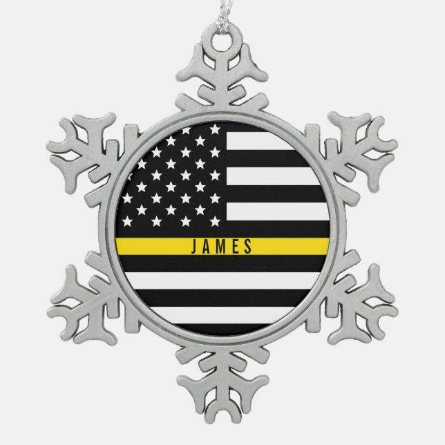 Thin Yellow Line Dispatcher Monogrammed Name Snowflake Pewter Christmas Ornament (Front)