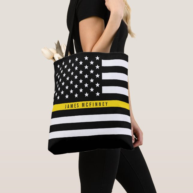 Thin Yellow Line Dispatchers Flag Custom Name Tote Bag (Close Up)