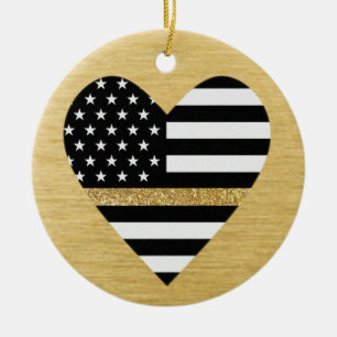 Thin Yellow Line Glitter Flag Heart Ceramic Ornament