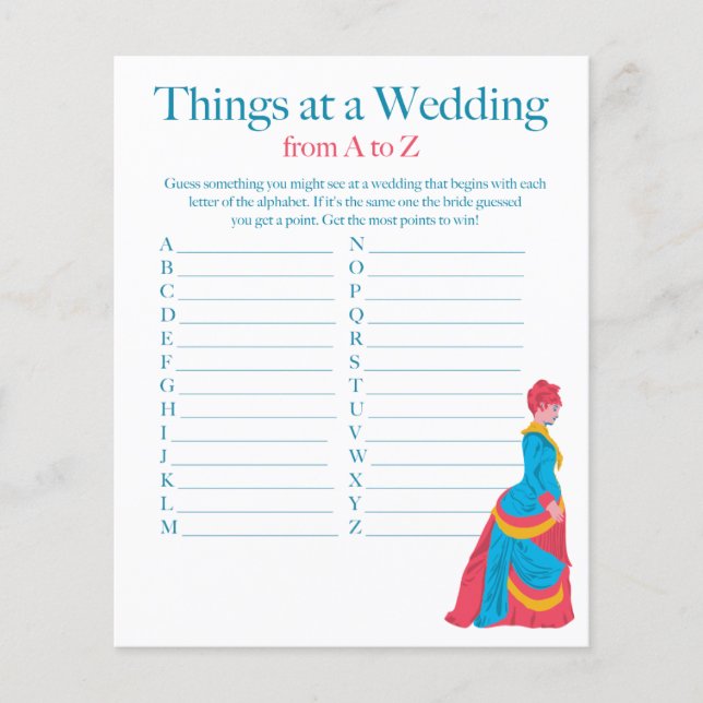 Things at a Wedding A to Z Bridal Shower Game Flyer (Front)