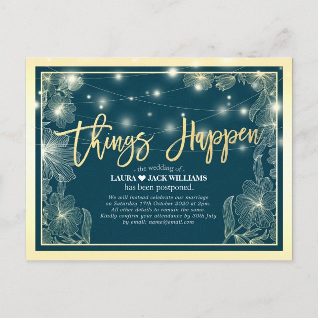 Things Happen Wedding Postponement Gold Flowers Announcement Postcard (Front)