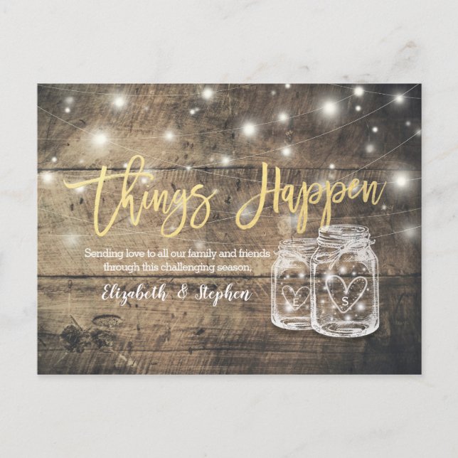 Things Happen Wedding Postponement Mason Jars Wood Announcement Postcard (Front)