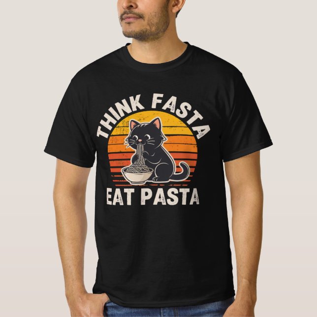 Think Fasta Eat Pasta Shirt – Funny Cat Pasta Love (Front)