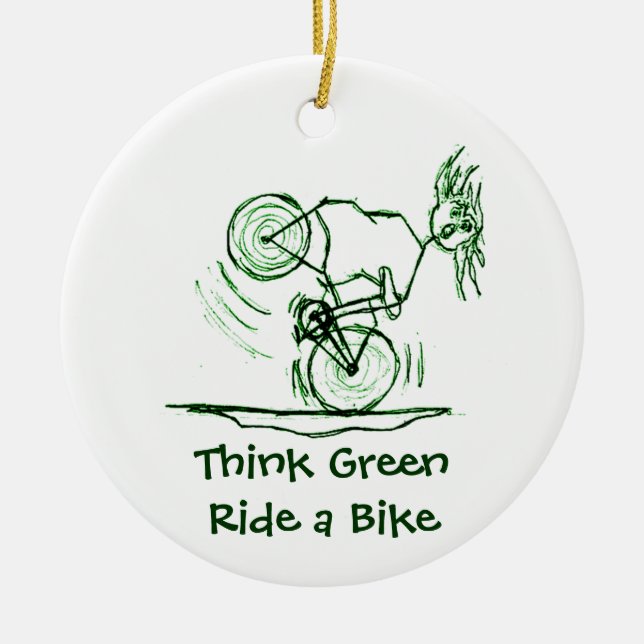 Think Green Ride a Bike Ceramic Tree Decoration (Front)
