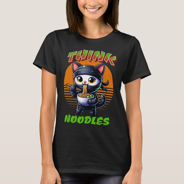 Think Noodles - Mmm Noodles Kawaii Ninja Cat Funny T-Shirt (Front)