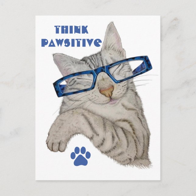 Think Pawsitive Positivity Quote Cute Cat Glasses Postcard (Front)