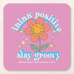 Think Positive Stay Groovy Slogan Square Paper Coaster