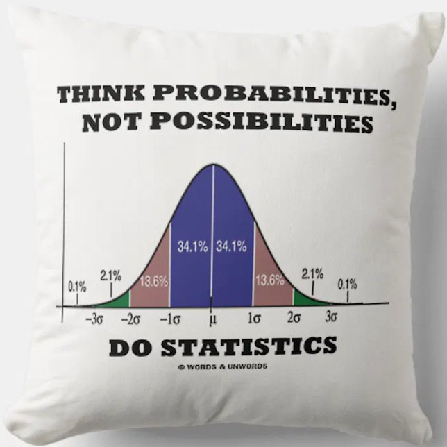 Think Probabilities, Not Possibilities Statistics Cushion (Stats advice throw pillow featuring bell curve distribution for any hypothesis tester!)