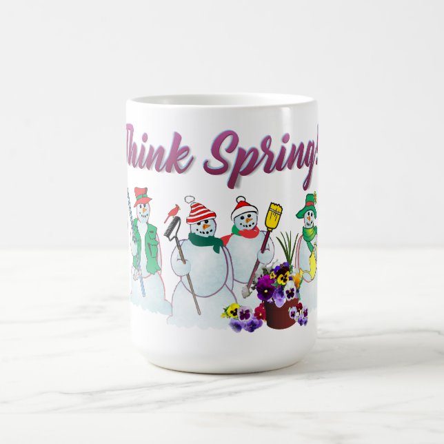 Think Spring snowmen with pansies Mug (Center)