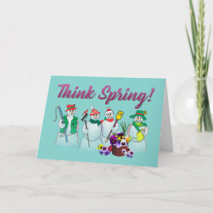 Think Spring with snowmen and pansies greeting Card