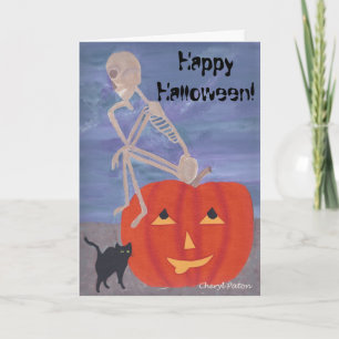 Thinker Skeleton on Pumpkin Halloween Cards