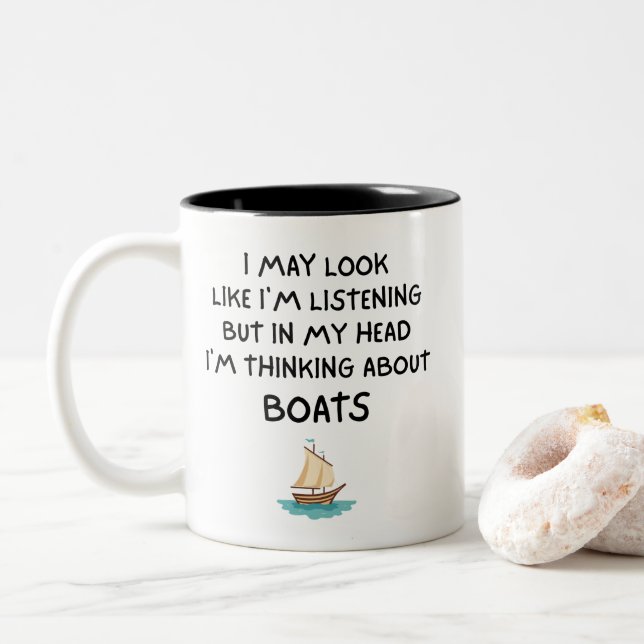 Thinking About Boats Funny Sailing Two-Tone Coffee Mug (With Donut)