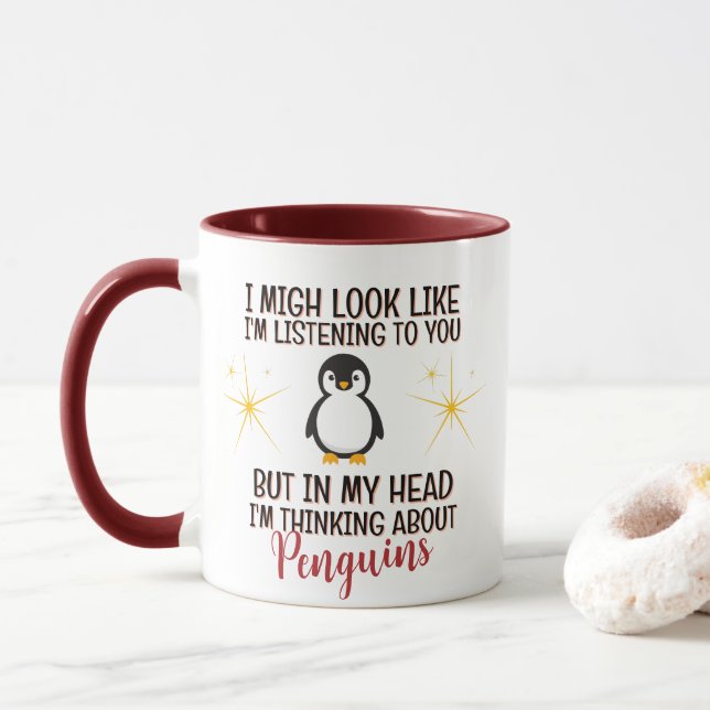 Thinking About Penguins – Funny Personalised Mug (With Donut)