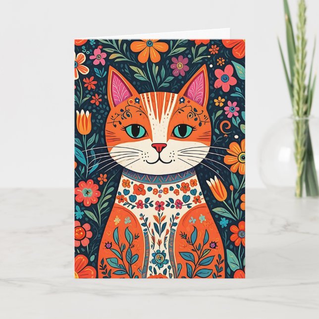 Thinking About You Friend | Folk Art Cat Card (Front)