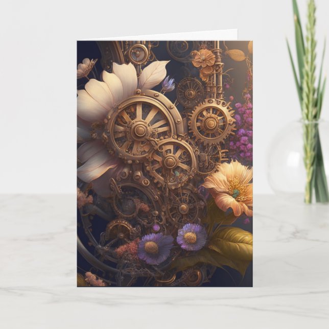 Thinking About You Steampunk Gears and Flowers Card (Front)
