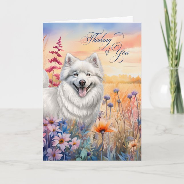 Thinking of You American Eskimo Dog Flowers Card (Front)