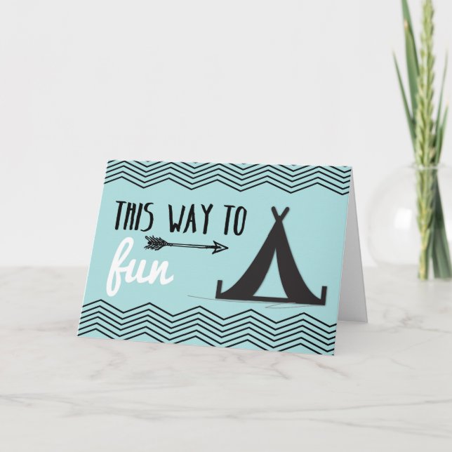 Thinking of You at Camp, Tent & Arrow on Teal Card (Front)