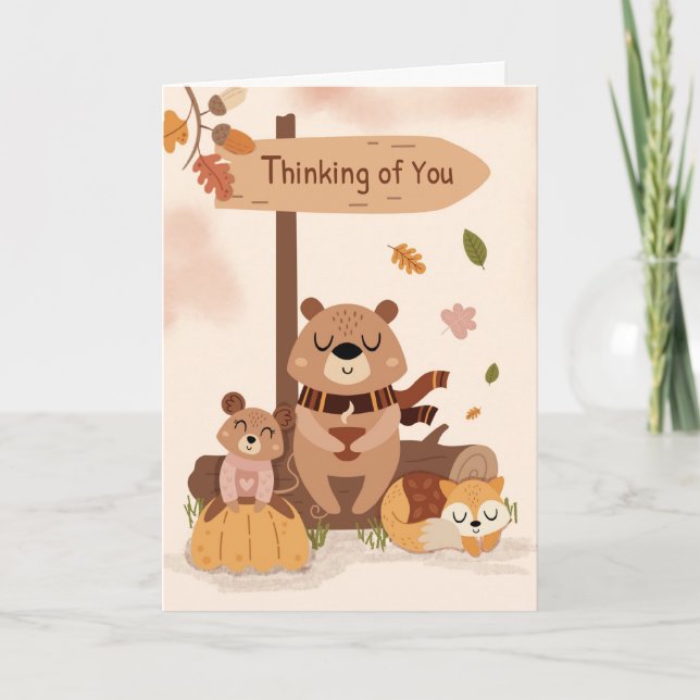 Thinking of You Autumn Cosy Woodland Animal Scene Card (Front)