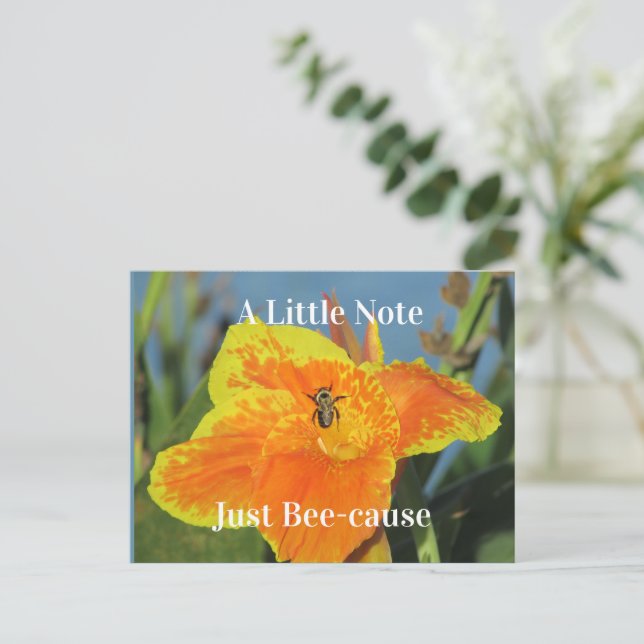 Thinking of You Bee Pun Canna Lily Flower Postcard (Standing Front)