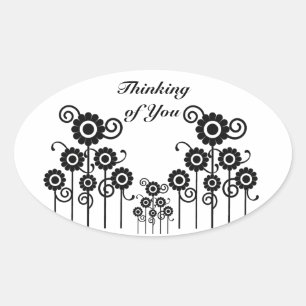 Thinking of You black & white floral oval stickers