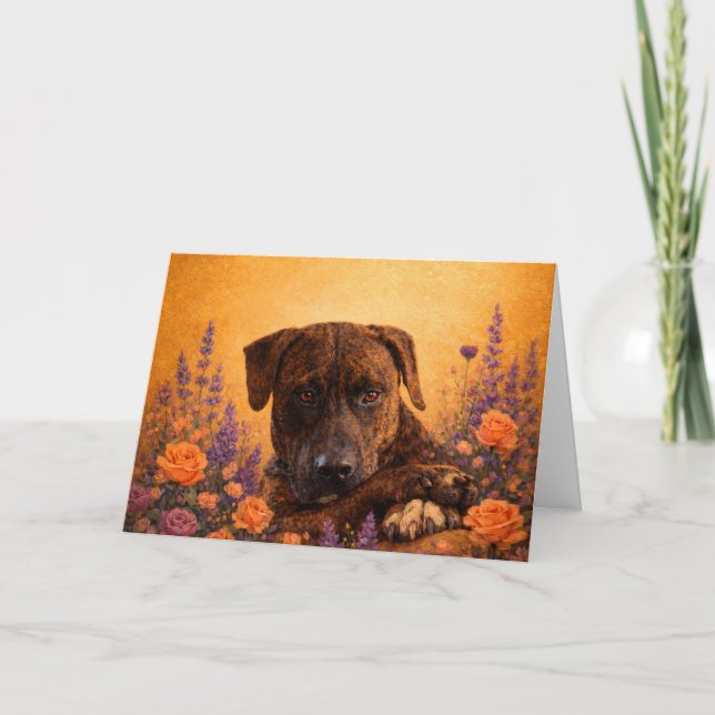 Thinking of You Brindle Dog in Flowers Card (Front)