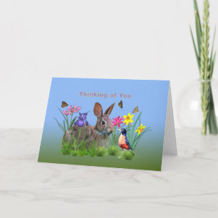 Thinking of You, Bunny Rabbit,  Robin, and Flowers Card