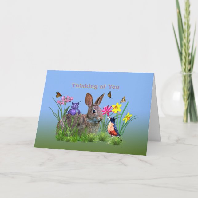 Thinking of You, Bunny Rabbit,  Robin, and Flowers Card (Front)