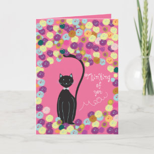 Thinking of you card black cat with yarns