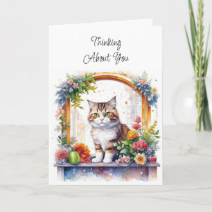 Thinking Of You   Cat in Window with Flowers Card