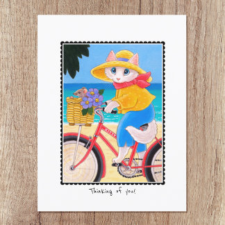 'Thinking of you' Cat & Mouse Bicycle Custom Postcard