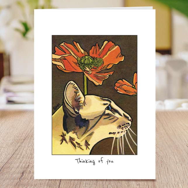 Thinking of You Cat Orange Poppies Custom Folded Card (Creator Uploaded)