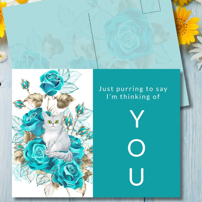 Thinking of You Cat with Turquoise Roses Postcard (Creator Uploaded)