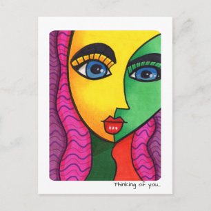 Thinking Of You Colourful Abstract Girl Face Postcard
