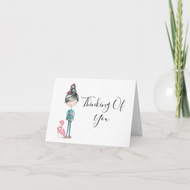 "Thinking of You" Cute Boho Girl With Bird Card (Front)